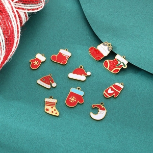DIY Christmas stainless steel charms set with colorful enamel socks and hats on green base