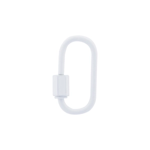 Detailed view of a white enamel copper carabiner with a threaded screw locking mechanism