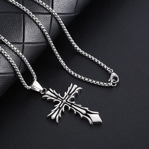 Retro Gothic Thorn Cross Pendant Necklace Stainless Steel Long Box Chain Hip Hop Jewelry For Men Women