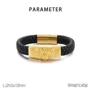 Detail view of 18k gold plated lion head on a black woven leather bracelet with dimensions