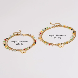 Double-layered colorful butterfly charm beaded anklet set in gold finish for women