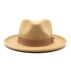 Classic camel wool fedora hat for women with wide brim and elegant brown ribbon bow