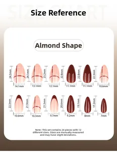 Size chart for almond press-on nails showing 12 different sizes and 24 pieces set detail
