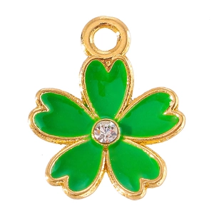 Golden clover pendant with green enamel and crystal center for DIY jewelry making