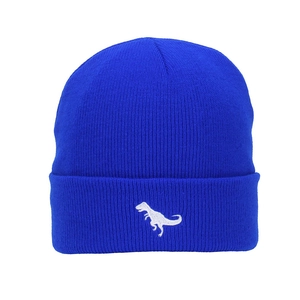 Detail of royal blue knitted beanie featuring a white dinosaur embroidery on ribbed fabric