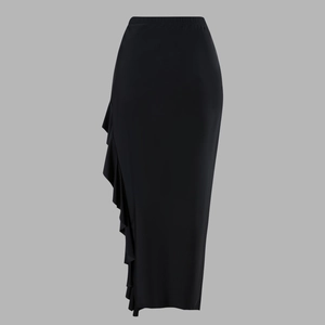 Detail of elegant black maxi skirt with elastic waistband and side ruffled drape design