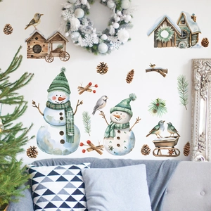 Christmas wall stickers with watercolor snowmen and snowy houses for living room decoration