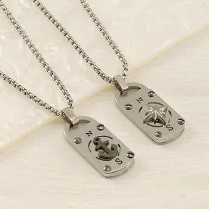 Collier Pendentif Boussole Ancre Acier Inoxydable Vintage Industriel Hip Hop Plaque Carrée Bijoux Pour Hommes