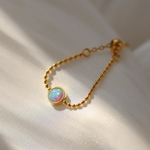 Adjustable Beaded Chain Ring Titanium Steel Round Artificial Opal Minimalist Fashion Jewelry For Women