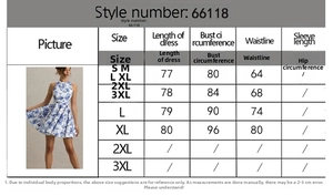 Size guide with bust and waist measurements for blue floral halter midi dress