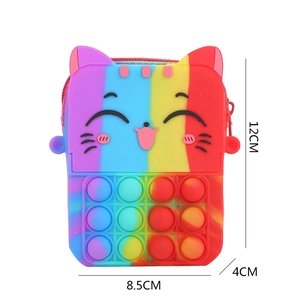 Dimensions of the rainbow silicone cat-shaped push pop fidget coin purse shown on white background