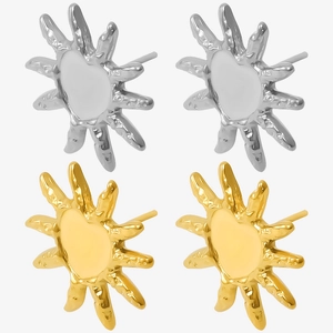 Detailed macro of gold and silver irregular sun heart stud earrings in polished 304 steel