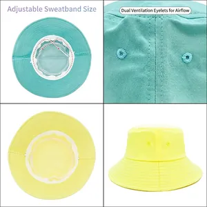 Wide brim bucket hat with adjustable sweatband and breathable vent holes in solid colors