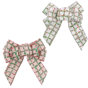 Linen Christmas bows with festive berry patterns for tree decoration and DIY crafts