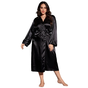 Elegant long black silk satin bathrobe with kimono V-neck and matching belt for women