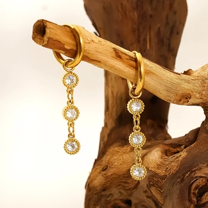Vintage gold-plated titanium steel hoop earrings with three sparkling zircon gemstones