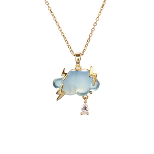 Light blue cloud necklace with golden lightning and clear raindrop zircon pendant