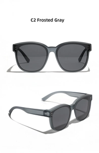 Detailed views of matte sand grey TR90 square polarized sunglasses with dark grey lenses