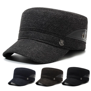 Men Winter Woolen Cadet Hat Warm Windproof Military Flat Top Cap With Ear Protection Adjustable Outdoor