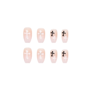 Gothic nude coffin fake nails with black and white cross patterns and silver metal beads
