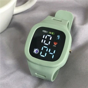 Minimalist square green digital watch with silicone strap and heart rate monitor display