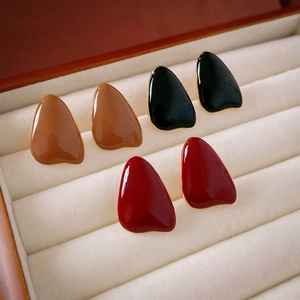 Vintage water drop enamel earrings in red, black, and brown with gold metal trim