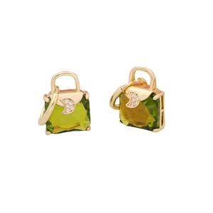 Green zircon handbag earrings with golden finish and crescent moon accents