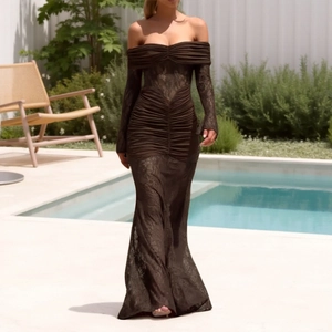 Detail of chocolate lace off-shoulder dress with elegant long sleeves and pleated texture