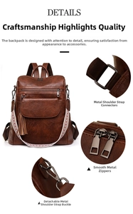 Detail view of brown vintage backpack with smooth double zippers and colorful woven strap