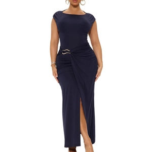 Elegant sleeveless navy blue maxi dress with side slit and gold waist buckle detail
