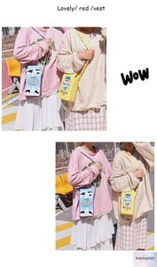 Detail showing creative milk carton crossbody bags in yellow and blue with long straps