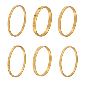 Golden stainless steel geometric bangle set featuring six unique zircon inlaid designs