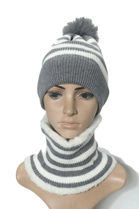 Close-up of striped knit hat and faux fur lined neck warmer set for children