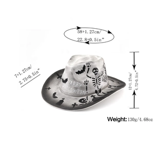 Detailed dimensions of Halloween cowboy hat featuring skull patterns and festive text