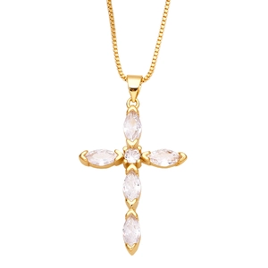Classic gold cross necklace with marquise-cut white cubic zirconia stones on thin chain