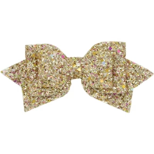 Close-up of a 5-inch gold glitter sequin bowtie accessory for children hair clips