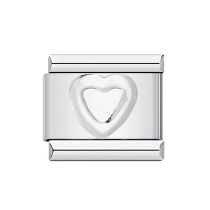 Close-up of silver stainless steel Italian charm link with a heart-shaped cutout detail