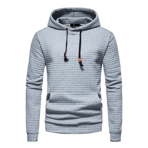 Men's casual light gray waffle knit hoodie with drawstring hood and kangaroo pocket