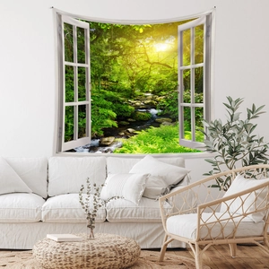 Detail view of Bohemian forest window tapestry with lush green nature scenery for room decor