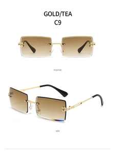 Detail view of rimless square sunglasses with tea gradient lenses and gold frames
