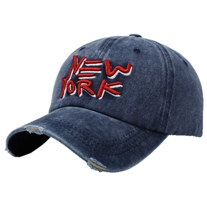 Vintage navy blue washed cotton baseball cap with New York embroidery and distressed brim