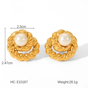 Detail of 18K gold-plated spiral steel earrings with white pearl inlay and dimensions