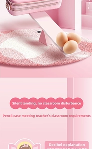 Detailed view of pink multi-layer pencil case showing shockproof soft landing feature