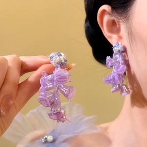 Exquisite purple fabric flower tassel earrings with bead details for a romantic summer look