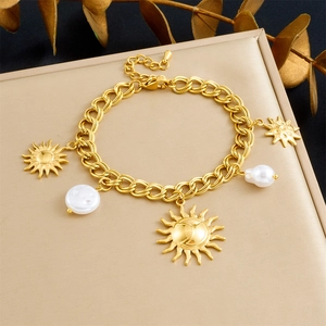 Vintage Gold Plated Stainless Steel Bracelet With Sun Moon Charms And Irregular Artificial Pearls For Women Fashion Jewelry
