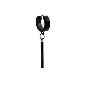 Close-up of black matte titanium steel earring featuring a sleek long bar tassel pendant