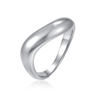 Macro view of minimalist silver stainless steel ring with elegant curved wave design