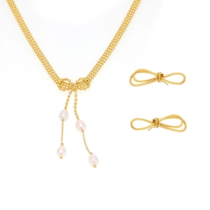 Parure bijoux avec collier perle nœud et boucles d'oreilles en acier plaqué or 18K