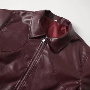 Burgundy PU leather baseball jacket for women with zipper collar and detailed stitching