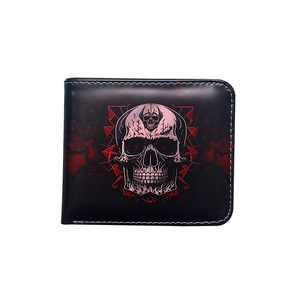 Slim bifold faux leather wallet with red skull print and geometric background on black base